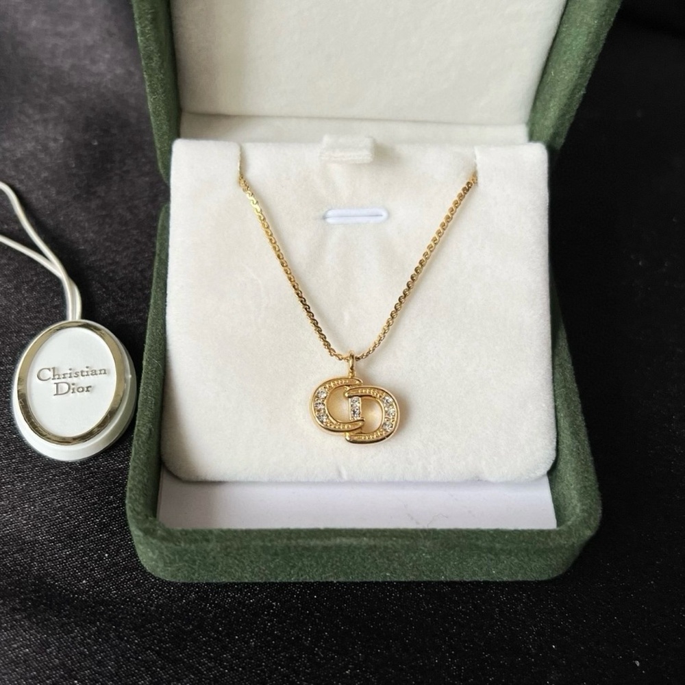 Vintage Christian Dior Classic CD Logo Monogram Rhinestone Gold Chain Necklace